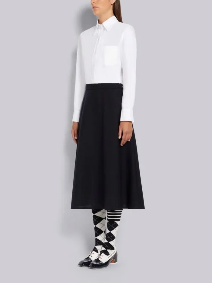 2ply Fresco High Waisted Aline Below The Knee Shirtdress Navy Women Thom Browne Skirts