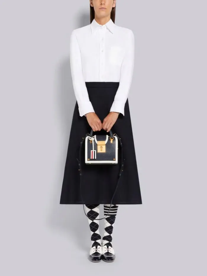 2ply Fresco High Waisted Aline Below The Knee Shirtdress Navy Women Thom Browne Skirts