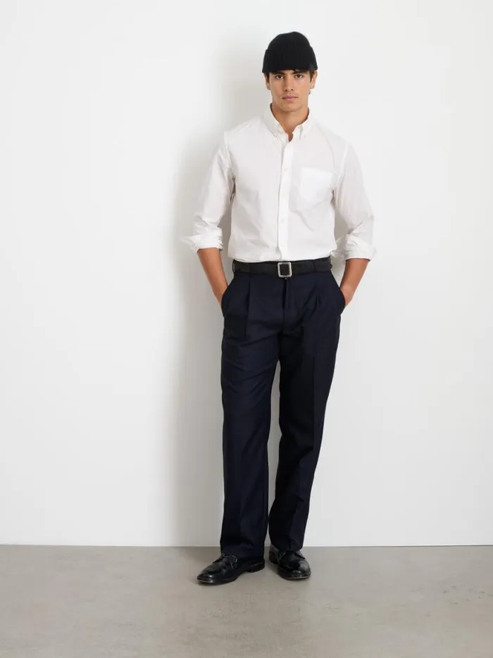 Alex Mill Henry Pleated Trouser In Wool Flannel Navy Men Suiting Blazers