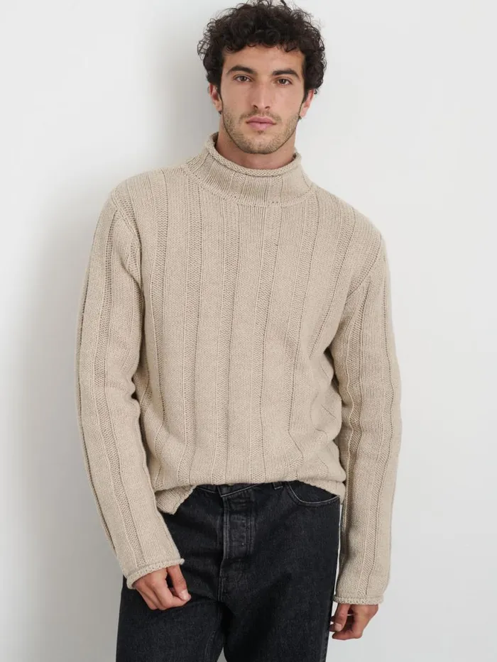 Alex Mill Mateo Roll Neck Sweater In Ribbed Wool Cotton Oatmeal Men Sweaters Sweatshirts