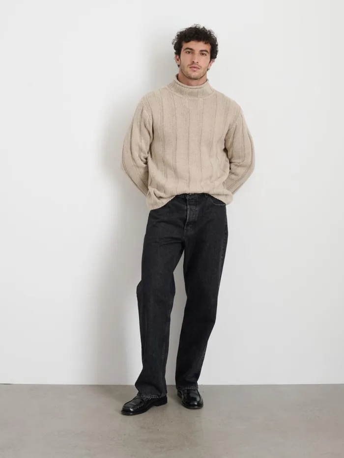 Alex Mill Mateo Roll Neck Sweater In Ribbed Wool Cotton Oatmeal Men Sweaters Sweatshirts