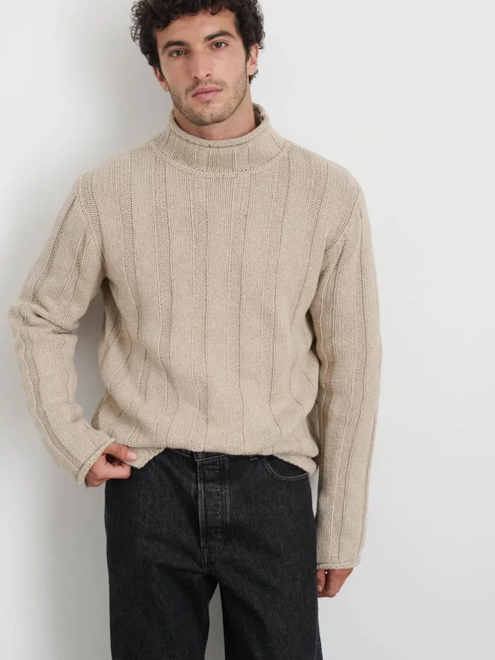 Alex Mill Mateo Roll Neck Sweater In Ribbed Wool Cotton Oatmeal Men Sweaters Sweatshirts