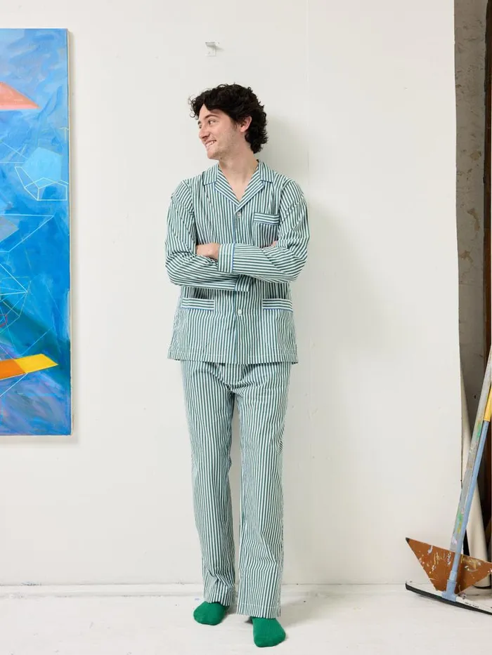 Alex Mill Schostal X Alex Mill Striped Long Sleeve Pajama Set Green Stripe Women Pajamas Slippers