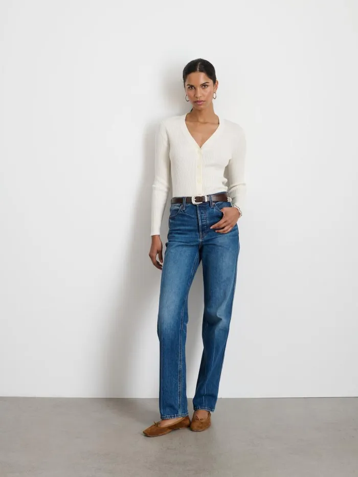 Alex Mill VNeck Ribbed Cardigan Ivory Women Sweaters