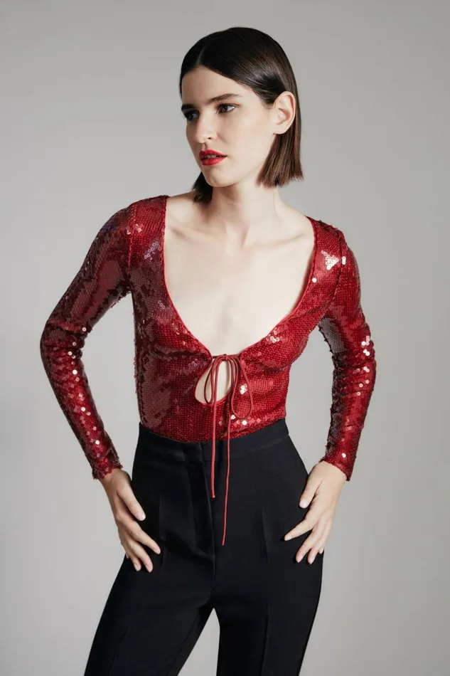 Bardot Bodysuits Women Verona Sequin Bodysuit In Burgundy Burgundy