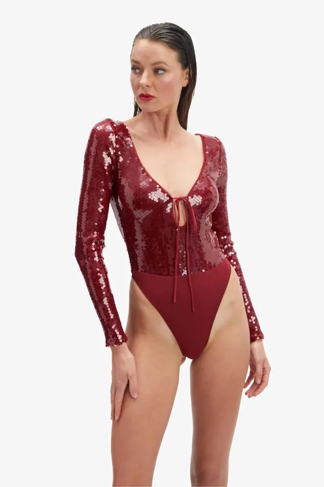 Bardot Bodysuits Women Verona Sequin Bodysuit In Burgundy Burgundy
