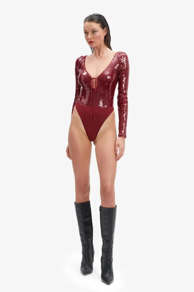 Bardot Bodysuits Women Verona Sequin Bodysuit In Burgundy Burgundy