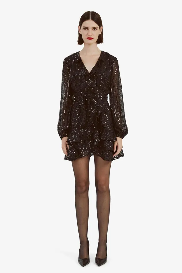 Bardot Party Dresses Women Triple Frill Sequin Dress In Black Black Bardot Party Dresses Women Triple Frill Sequin Dress In Black Black
