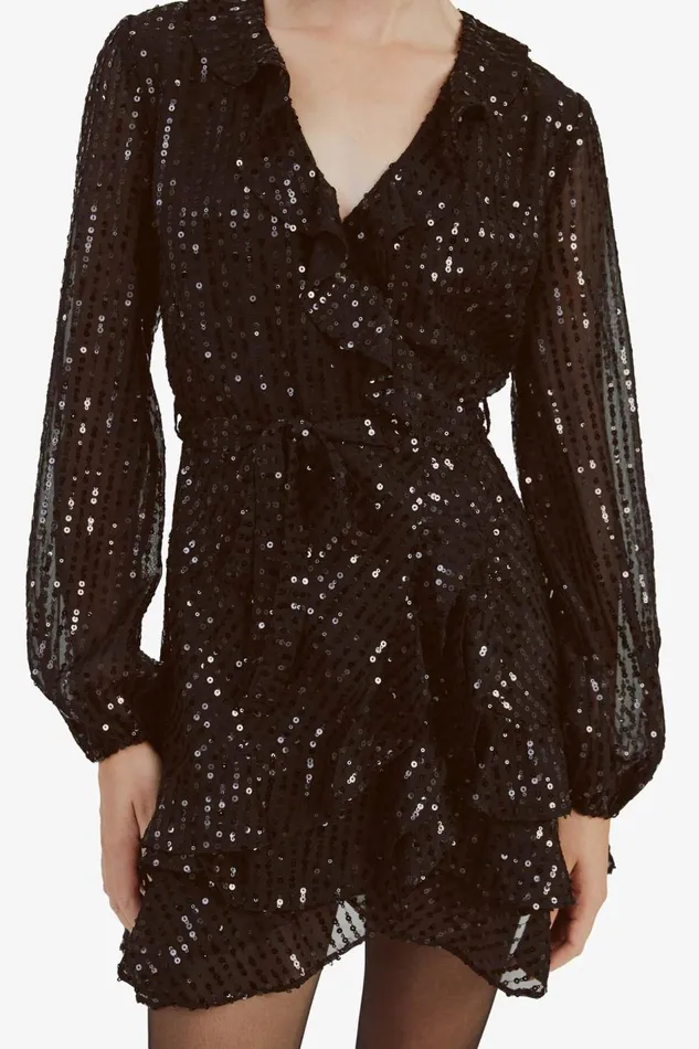 Bardot Party Dresses Women Triple Frill Sequin Dress In Black Black Bardot Party Dresses Women Triple Frill Sequin Dress In Black Black