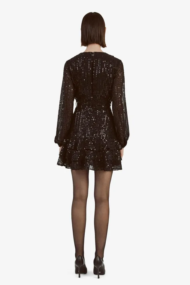 Bardot Party Dresses Women Triple Frill Sequin Dress In Black Black Bardot Party Dresses Women Triple Frill Sequin Dress In Black Black