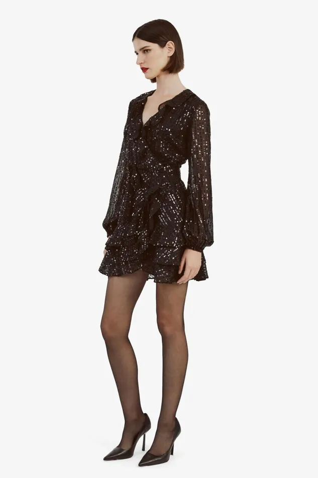 Bardot Party Dresses Women Triple Frill Sequin Dress In Black Black Bardot Party Dresses Women Triple Frill Sequin Dress In Black Black