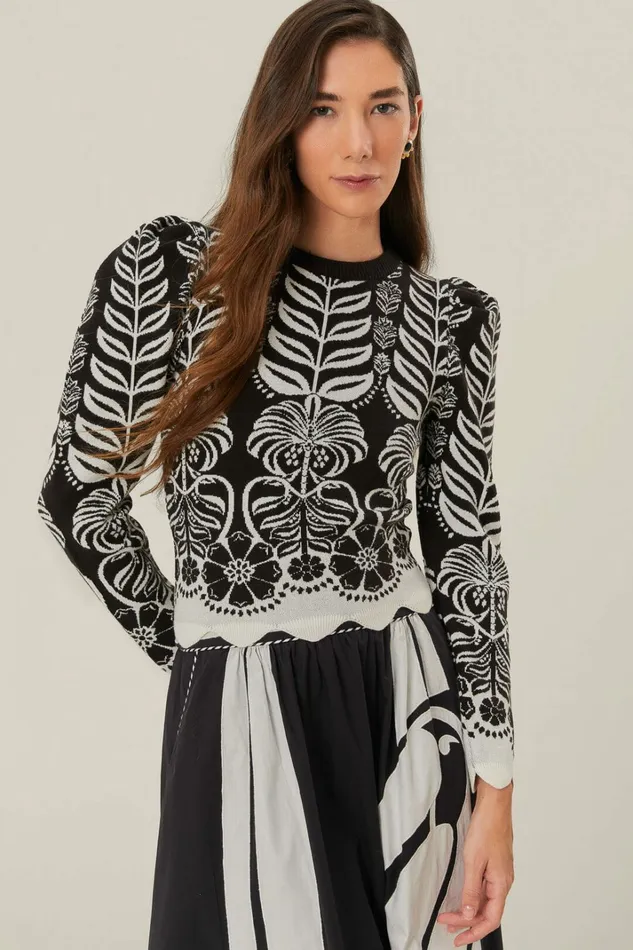 Black Ainika Tropical Splendor Puff Sleeve Knit Blouse Women FARM Rio Blouses