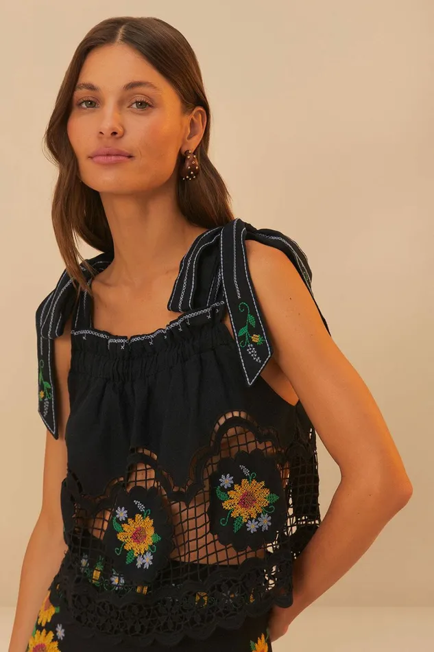 Black Daisy Embroidery Lenzing Ecovero Euroflax Blouse Women FARM Rio Blouses
