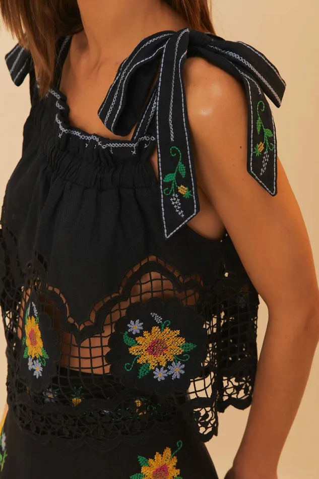 Black Daisy Embroidery Lenzing Ecovero Euroflax Blouse Women FARM Rio Blouses