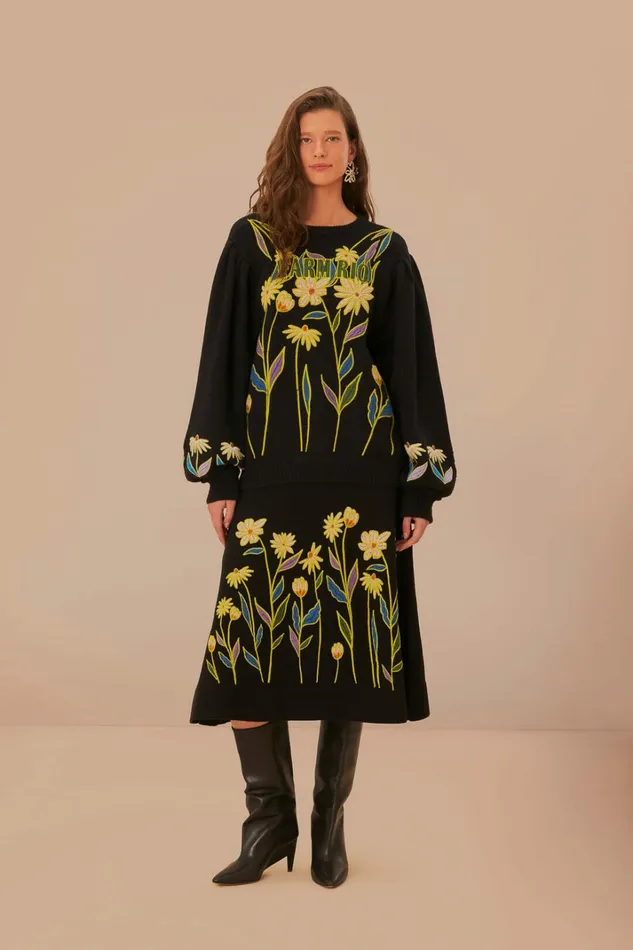 Black Flowers Embroidered Knit Skirt Women FARM Rio Skirts