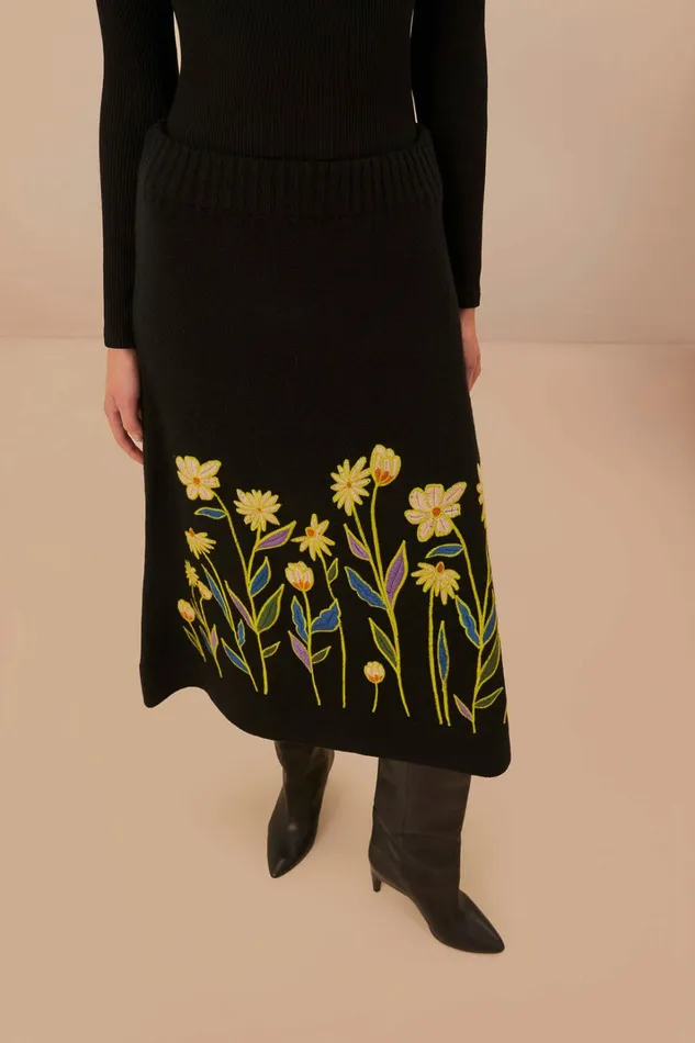 Black Flowers Embroidered Knit Skirt Women FARM Rio Skirts Black Flowers Embroidered Knit Skirt Women FARM Rio Skirts