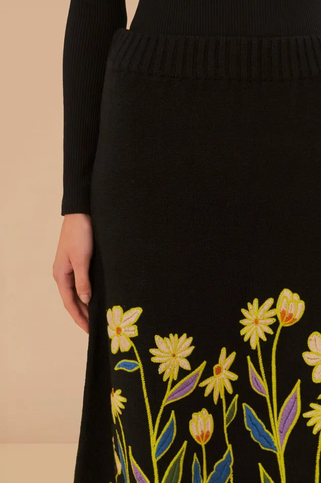 Black Flowers Embroidered Knit Skirt Women FARM Rio Skirts Black Flowers Embroidered Knit Skirt Women FARM Rio Skirts