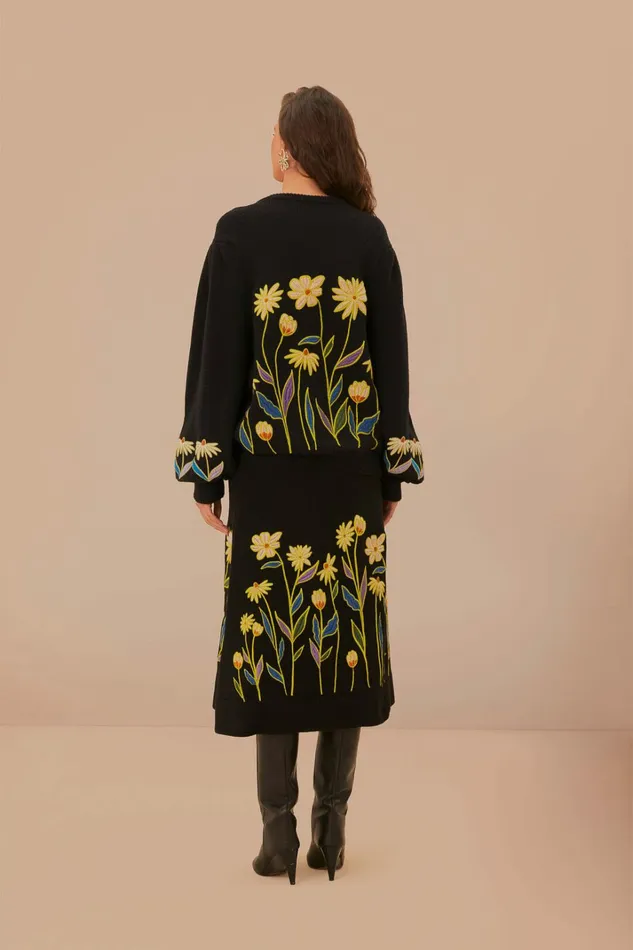 Black Flowers Embroidered Knit Skirt Women FARM Rio Skirts Black Flowers Embroidered Knit Skirt Women FARM Rio Skirts