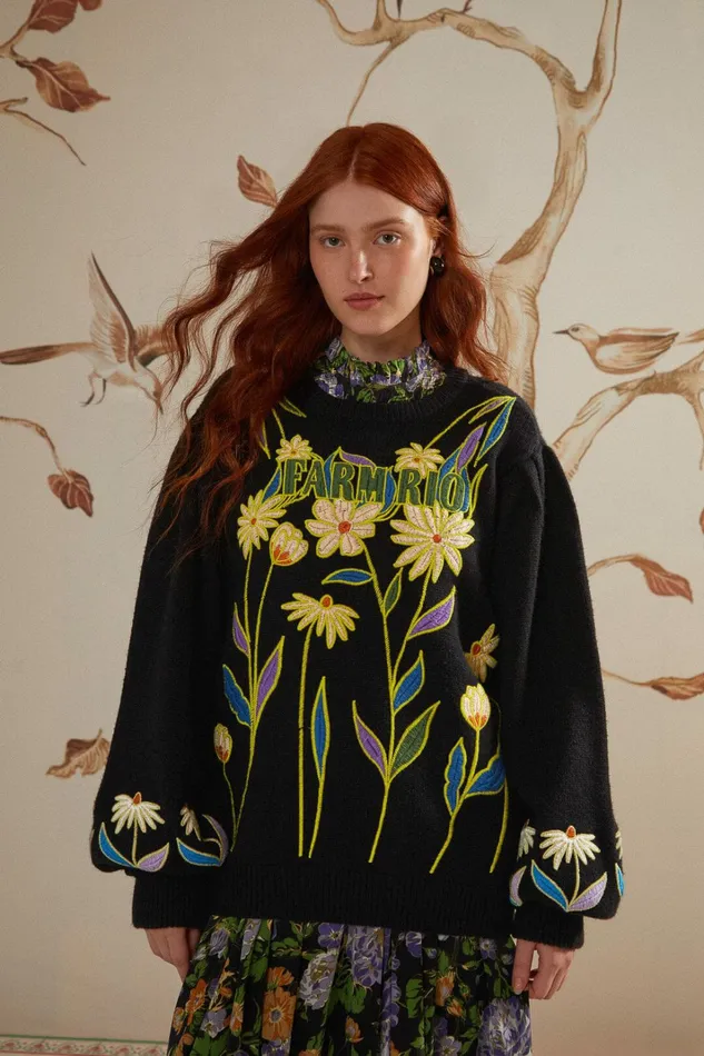 Black Flowers Embroidered Knit Sweater Women FARM Rio Sweaters and Sweatshirts