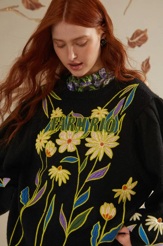 Black Flowers Embroidered Knit Sweater Women FARM Rio Sweaters and Sweatshirts Black Flowers Embroidered Knit Sweater Women FARM Rio Sweaters and Sweatshirts
