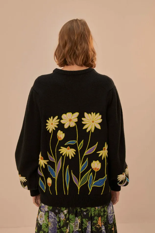 Black Flowers Embroidered Knit Sweater Women FARM Rio Sweaters and Sweatshirts Black Flowers Embroidered Knit Sweater Women FARM Rio Sweaters and Sweatshirts