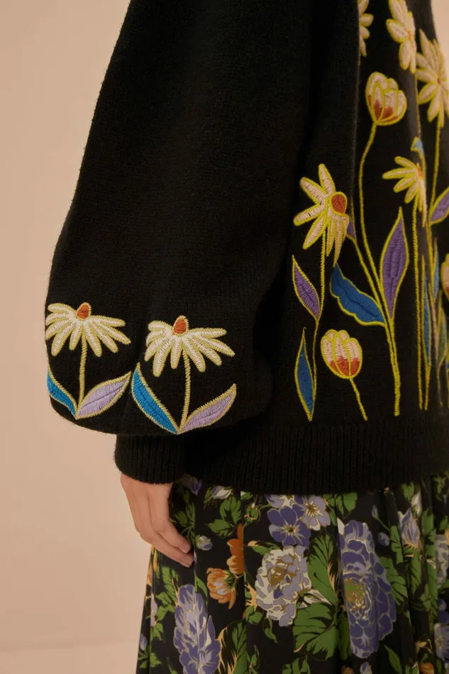Black Flowers Embroidered Knit Sweater Women FARM Rio Sweaters and Sweatshirts Black Flowers Embroidered Knit Sweater Women FARM Rio Sweaters and Sweatshirts
