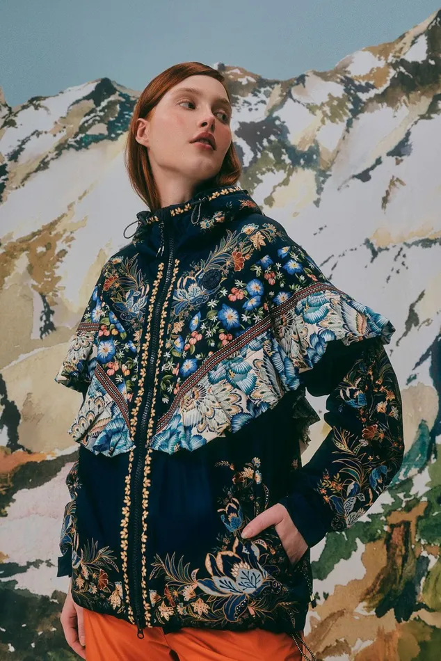 Black Flowers Ruffle Ski Jacket Women FARM Rio Puffer Jackets
