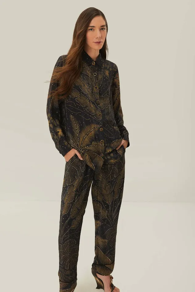 Black Golden Foliage Pajama Pants Women FARM Rio Pants