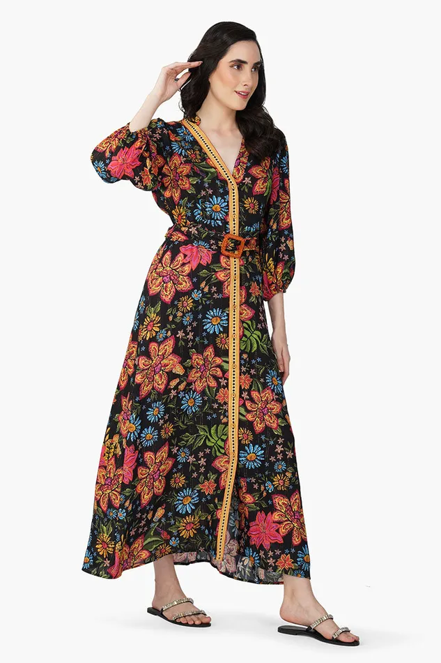 Black Multi Floret Shirt Dress Black Multi Floret Shirt Dress