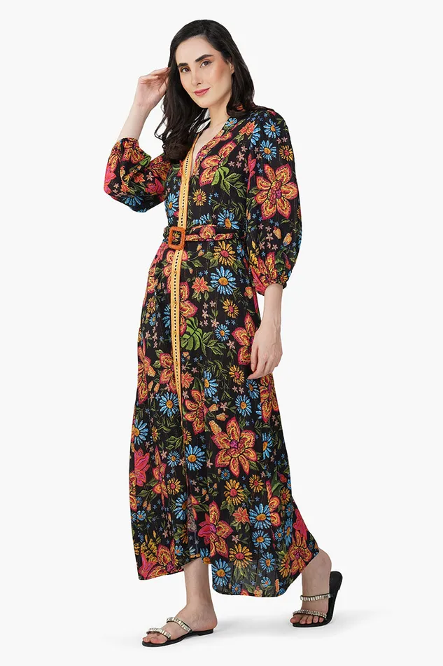 Black Multi Floret Shirt Dress Black Multi Floret Shirt Dress