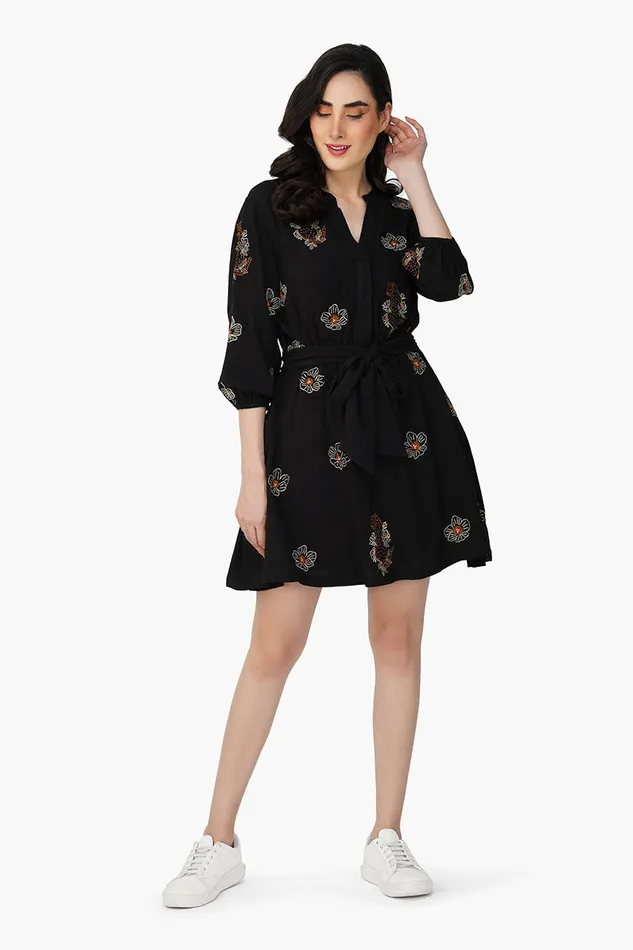 Black Safari Tiger Embroidered Short Dress Black Safari Tiger Embroidered Short Dress