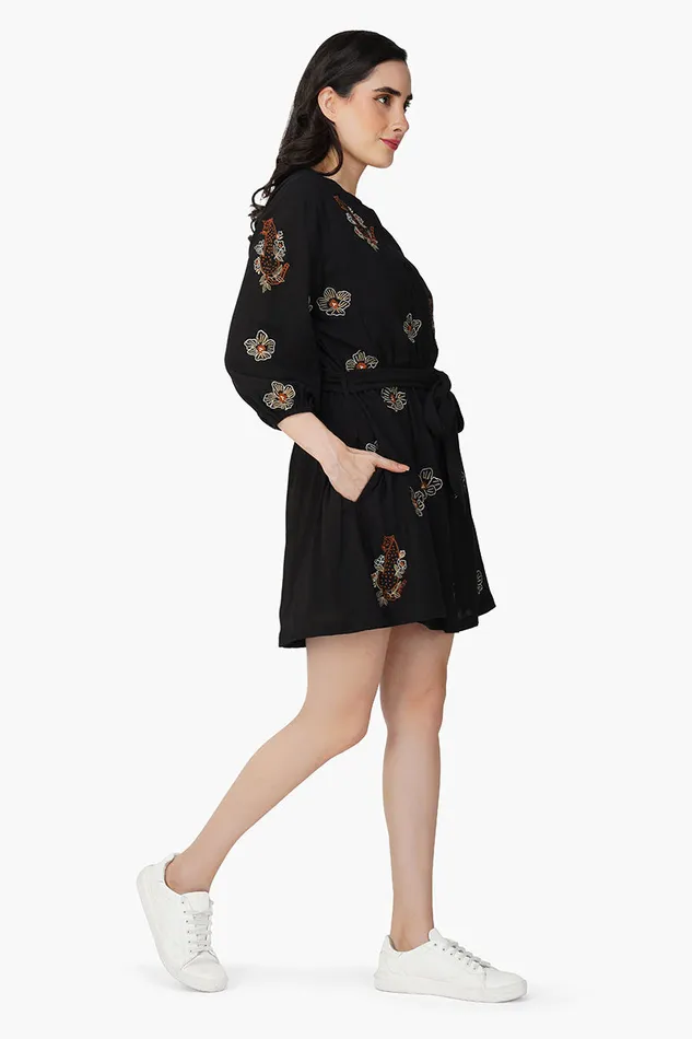 Black Safari Tiger Embroidered Short Dress Black Safari Tiger Embroidered Short Dress