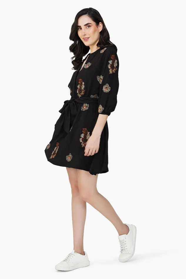 Black Safari Tiger Embroidered Short Dress Black Safari Tiger Embroidered Short Dress