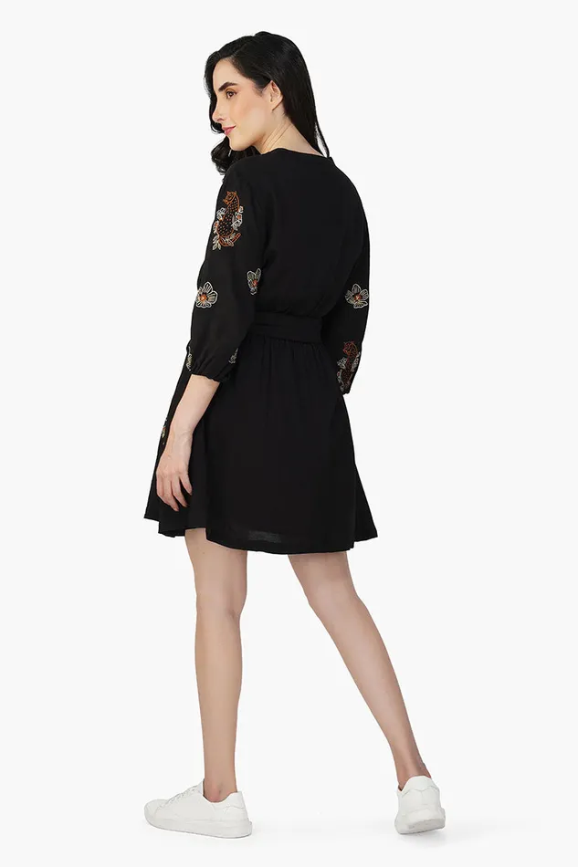 Black Safari Tiger Embroidered Short Dress Black Safari Tiger Embroidered Short Dress
