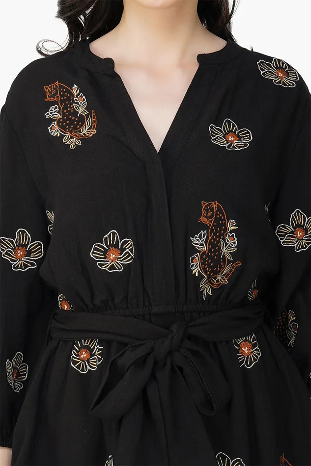 Black Safari Tiger Embroidered Short Dress Black Safari Tiger Embroidered Short Dress