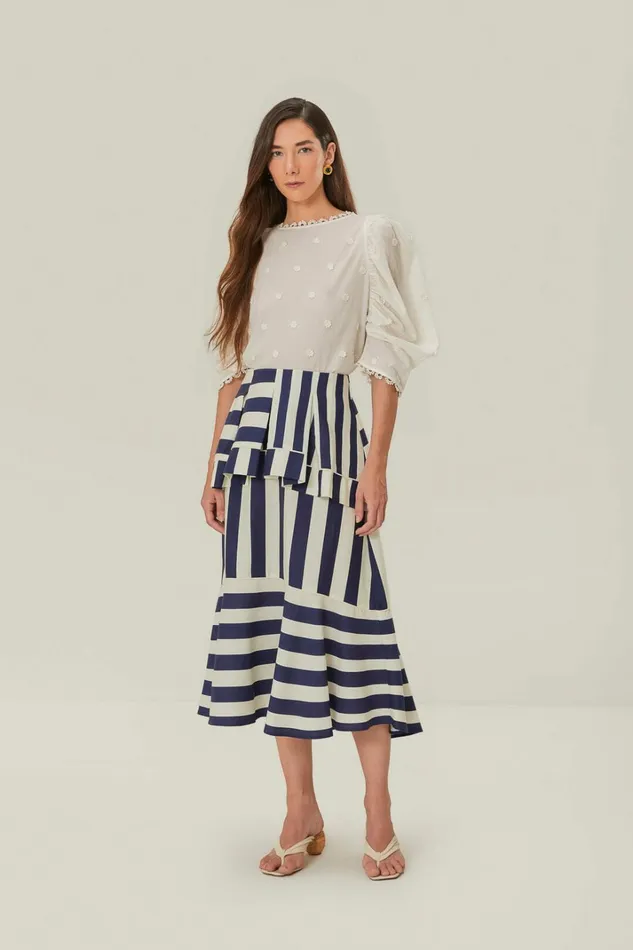 Blue Mixed Stripes Midi Skirt Women FARM Rio Skirts