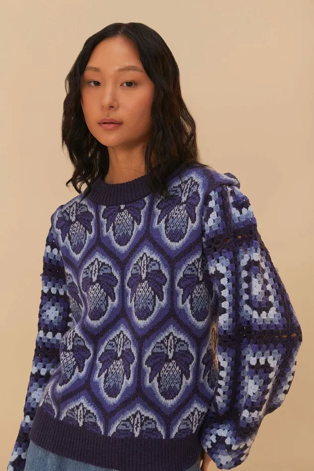 Blue Pinneaple Cobogo Knit Sweater Women FARM Rio Sweaters and Sweatshirts