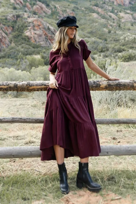 Bohme Amanda Tiered Dress In Burgundy Burgundy Women Dresses