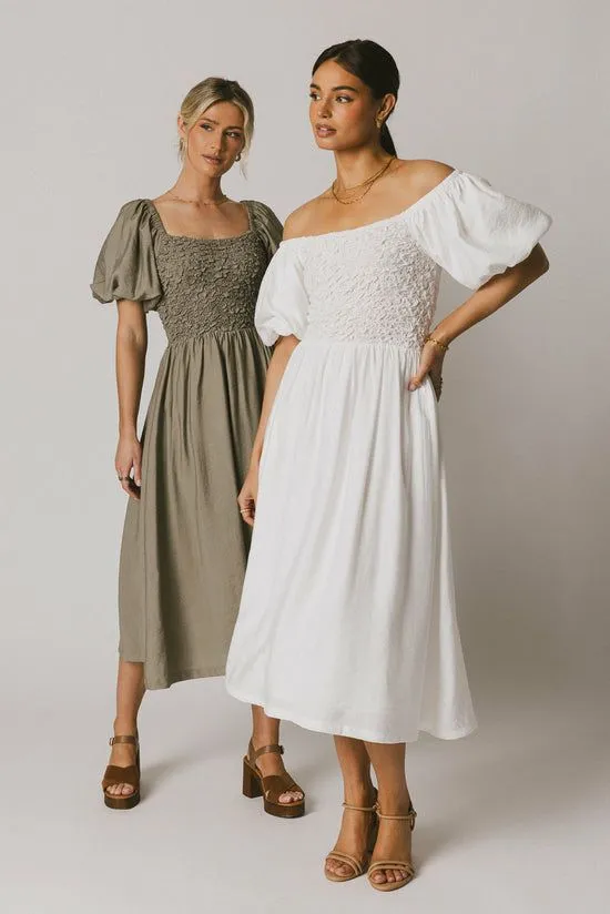 Bohme Janie Smocked Midi Dress In White White Women Dresses
