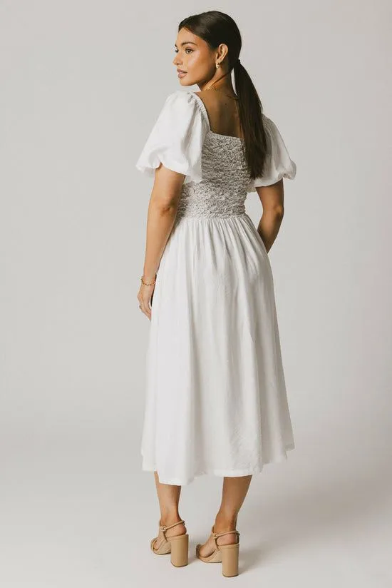 Bohme Janie Smocked Midi Dress In White White Women Dresses