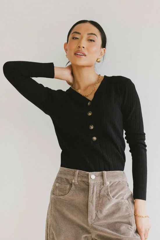 Bohme Ribbed Button Front Top In Black Black Women Tees and Tanks