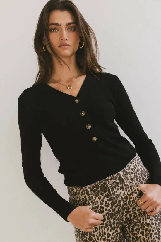 Bohme Ribbed Button Front Top In Black Black Women Tees and Tanks