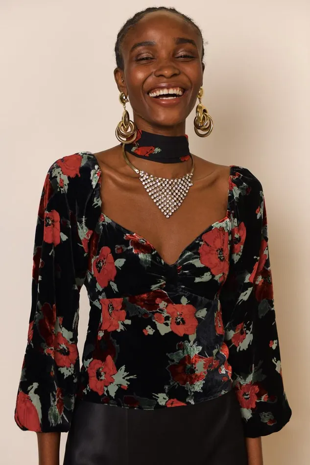 Bridgette Black Poppy Burnout Women RIXO Tops