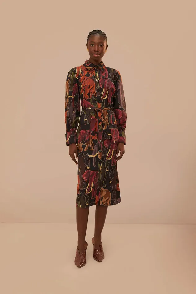 Brown Elephants Long Sleeve Midi Dress Women FARM Rio Midi Dresses