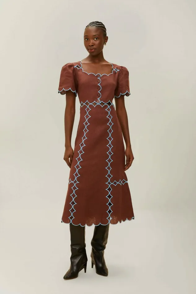 Brown Short Sleeve Euroflax Premium Linen Maxi Dress Women FARM Rio Maxi Dresses