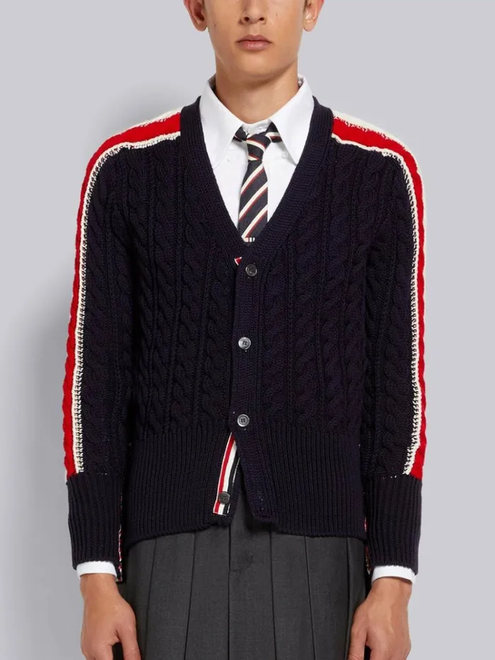 Cable Stitch Merino Wool Stripe Sleeve Vneck Cardigan Navy Men Thom Browne Knitwear Cable Stitch Merino Wool Stripe Sleeve Vneck Cardigan Navy Men Thom Browne Knitwear