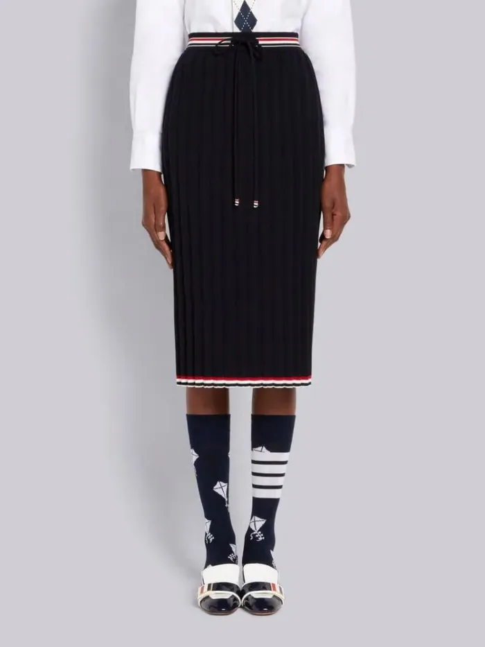 Cable Texture Overtwisted Cotton Stripe Framing Accordion Pleat Knee Length Skirt Navy Women Thom Browne Skirts Cable Texture Overtwisted Cotton Stripe Framing Accordion Pleat Knee Length Skirt Navy Women Thom Browne Skirts