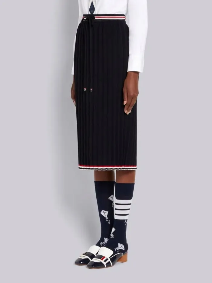 Cable Texture Overtwisted Cotton Stripe Framing Accordion Pleat Knee Length Skirt Navy Women Thom Browne Skirts