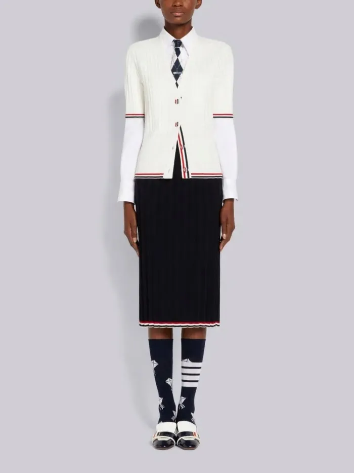 Cable Texture Overtwisted Cotton Stripe Framing Accordion Pleat Knee Length Skirt Navy Women Thom Browne Skirts