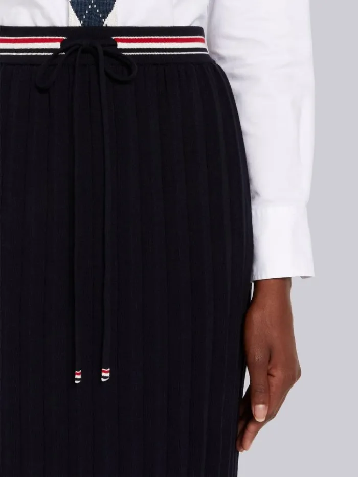 Cable Texture Overtwisted Cotton Stripe Framing Accordion Pleat Knee Length Skirt Navy Women Thom Browne Skirts